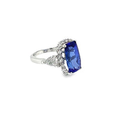 14k White Gold Emerald-Cut Blue Sapphire and Diamond Frame Engagement Ring 8.39c - LA DIAMOND