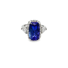 14k White Gold Emerald-Cut Blue Sapphire and Diamond Frame Engagement Ring 8.39c - LA DIAMOND