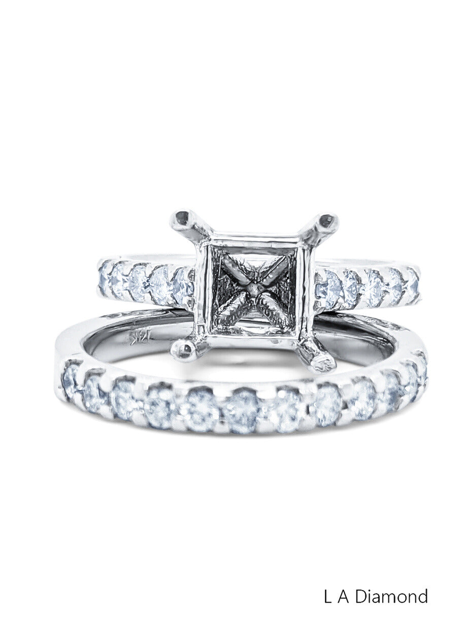 14k White Gold Diamond Round and Princess Cut Semi Mount Engagement Ring Set .90c