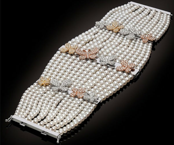 Multi-Tone Gold Diamond and Pearl Multi-Strand Cuff (X.XX ct Diam) - LA DIAMOND