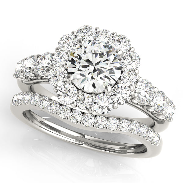 Round Cut Halo with U Prong Diamond Wedding Ring Set - 14k White Gold
