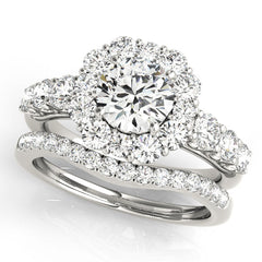 Round Cut Halo with U Prong Diamond Wedding Ring Set - 14k White Gold