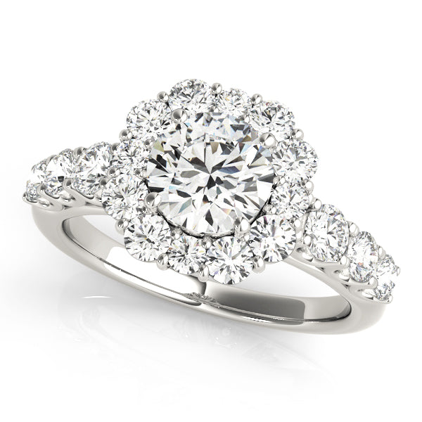 Round Cut Halo with U Prong Diamond Wedding Ring Set - 14k White Gold