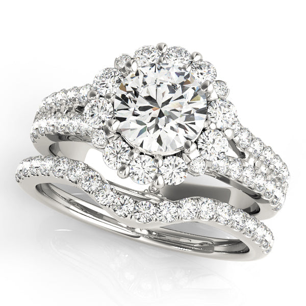 Round Cut Halo Flower Diamond Split Shank Pave Wedding Ring with Matching Band