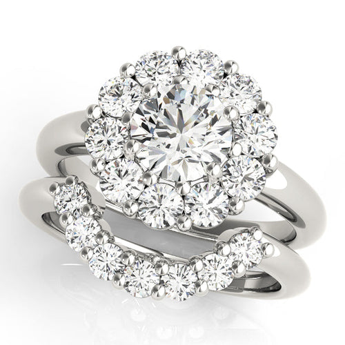 Flower Halo Round Cut Diamond Engagment Ring with Contour Pave Band - Set on 14k Gold - SAW10013