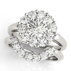 Flower Halo Round Cut Diamond Engagment Ring with Contour Pave Band - Set on 14k Gold