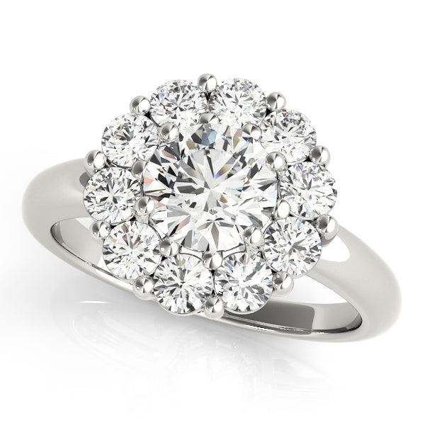 Flower Halo Round Cut Diamond Engagment Ring with Contour Pave Band - Set on 14k Gold