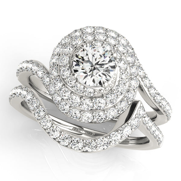 Multi-Row Halo Spiral Diamond Engagement Ring with Round Cut Diamond Center - Set on 14k Gold