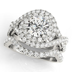 Round Cut Diamond Double Halo with Twsited Shank Bridal Set - 14k White Gold