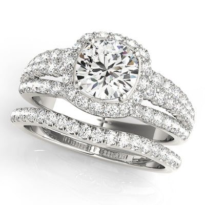 Triple Diamond Row Cushion Cut Halo Bridal Set with Matching Band - 14k White Gold