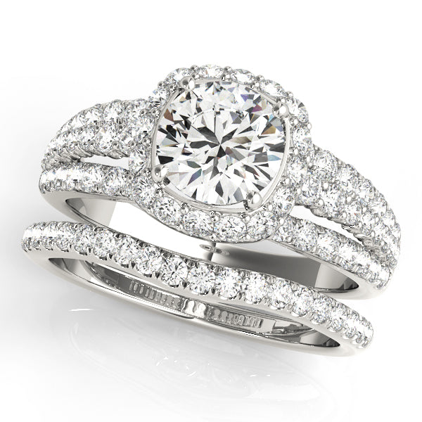 Triple Diamond Row Cushion Cut Halo Bridal Set with Matching Band - 14k White Gold