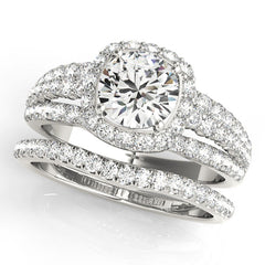 Triple Diamond Row Cushion Cut Halo Bridal Set with Matching Band - 14k White Gold