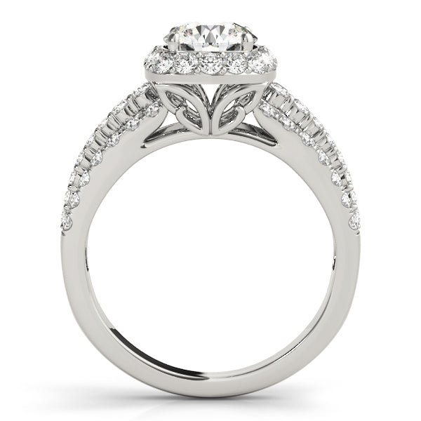 Triple Diamond Row Cushion Cut Halo Bridal Set with Matching Band - 14k White Gold