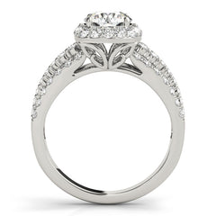 Triple Diamond Row Cushion Cut Halo Bridal Set with Matching Band - 14k White Gold