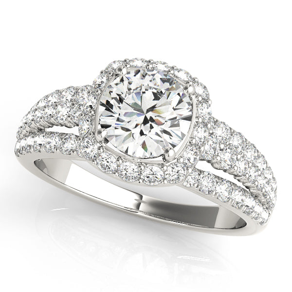 Triple Diamond Row Cushion Cut Halo Bridal Set with Matching Band - 14k White Gold