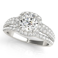 Triple Diamond Row Cushion Cut Halo Bridal Set with Matching Band - 14k White Gold