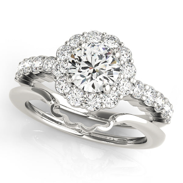 Round Cut Diamond Halo Engagment Ring with Solid Matching Band - Set on 14k Gold