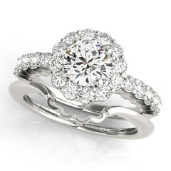 Round Cut Diamond Halo Engagment Ring with Solid Matching Band - Set on 14k Gold