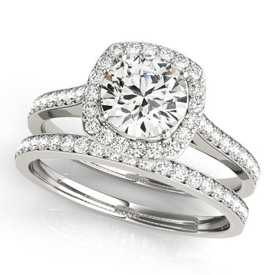 Cushion Cut Diamond Halo Engament Ring with Channel Setting and Matching Band - Set on 14k Gold