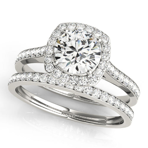 Round Cut Diamond Halo Engament Ring with Channel Setting and Matching Band - Set on 14k Gold - SAW10011