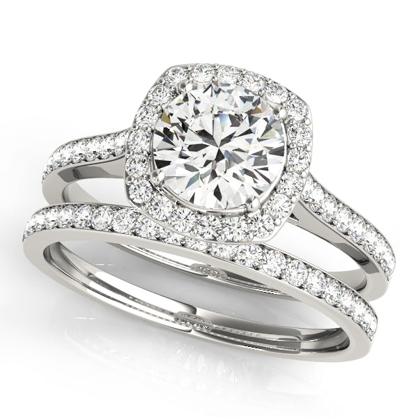 Cushion Cut Diamond Halo Engament Ring with Channel Setting and Matching Band - Set on 14k Gold