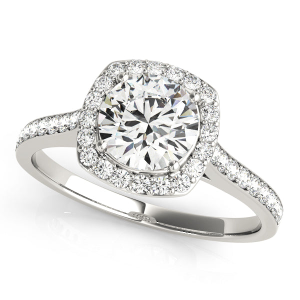Cushion Cut Diamond Halo Engament Ring with Channel Setting and Matching Band - Set on 14k Gold