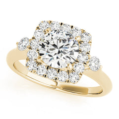Cushion Cut Diamond Halo Engagement Ring with Side Stones - Set on 14k Gold