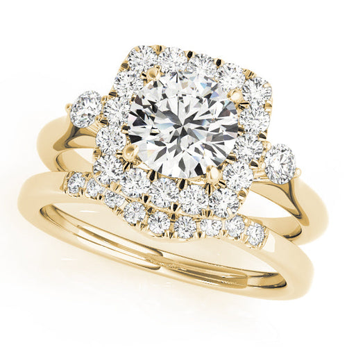 Round Cut Diamond with Square Halo Engagement Ring with Side Stones and Matching Band Bridal Set - Set on 14k Gold - SAW10010
