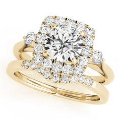 Cushion Cut Diamond Halo Engagement Ring with Side Stones - Set on 14k Gold