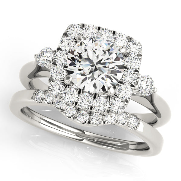 Cushion Cut Diamond Halo Bridal Set with Hidden Bezel Setting and Matching Band - 14k White Gold