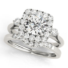 Cushion Cut Diamond Halo Bridal Set with Hidden Bezel Setting and Matching Band - 14k White Gold