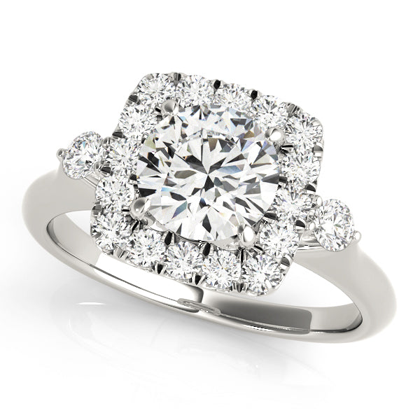 Cushion Cut Diamond Halo Bridal Set with Hidden Bezel Setting and Matching Band - 14k White Gold