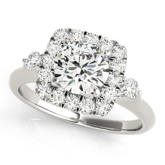 Cushion Cut Diamond Halo Bridal Set with Hidden Bezel Setting and Matching Band - 14k White Gold