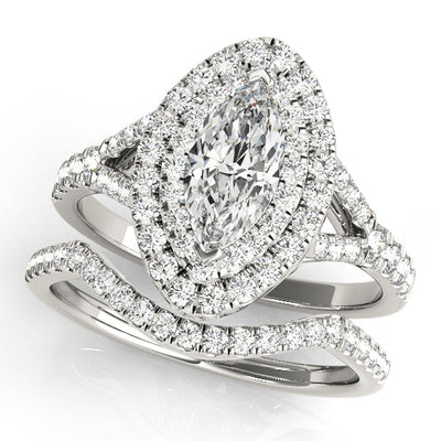 Marquise Cut Halo Diamond with Split Shank Engagement Ring Bridal Set - 14k White Gold