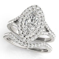 Marquise Cut Halo Diamond with Split Shank Engagement Ring Bridal Set - 14k White Gold
