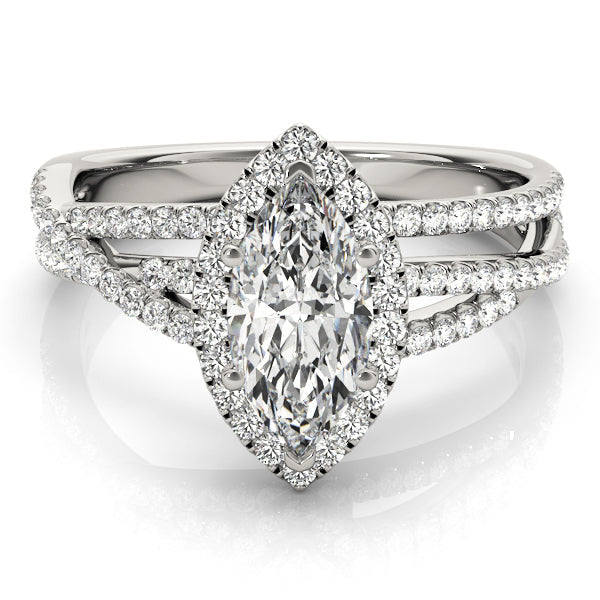 Marquise Cut Halo Diamond with Multi-Row Twisted Shank Engagement Ring - Set on 14k White Gold