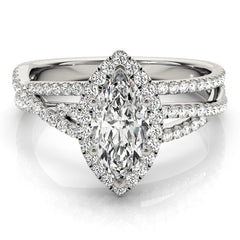 Marquise Cut Halo Diamond with Multi-Row Twisted Shank Engagement Ring - Set on 14k White Gold
