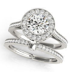 14K White Gold Round Halo Engagement Ring Set | Vintage Inspired Diamond Bridal Set with Milgrain Detail