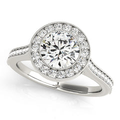 14K White Gold Round Halo Engagement Ring Set | Vintage Inspired Diamond Bridal Set with Milgrain Detail