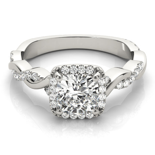 14K White Gold Cushion Cut Diamond Halo Engagement Ring - Twisted Band Diamond Ring with Halo Setting