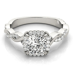 14K White Gold Cushion Cut Diamond Halo Engagement Ring - Twisted Band Diamond Ring with Halo Setting