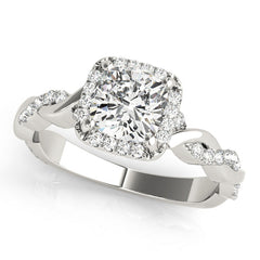 14K White Gold Cushion Cut Diamond Halo Engagement Ring - Twisted Band Diamond Ring with Halo Setting