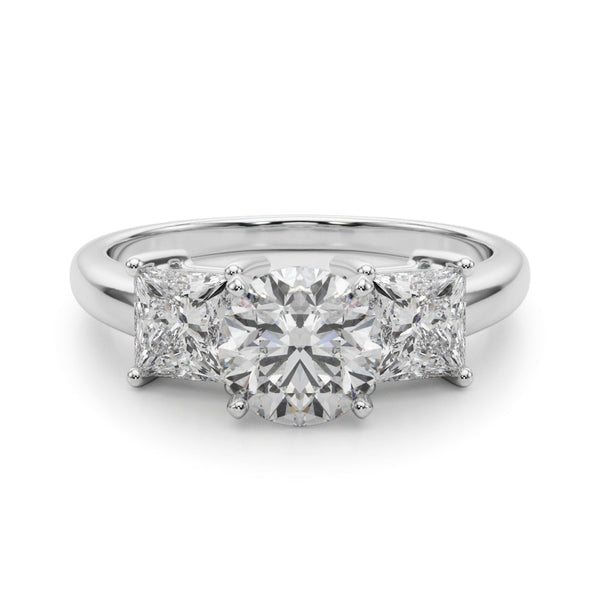 Classic Three Stone Engagment Ring with Round Diamond Center and Princess Cut Diamonds