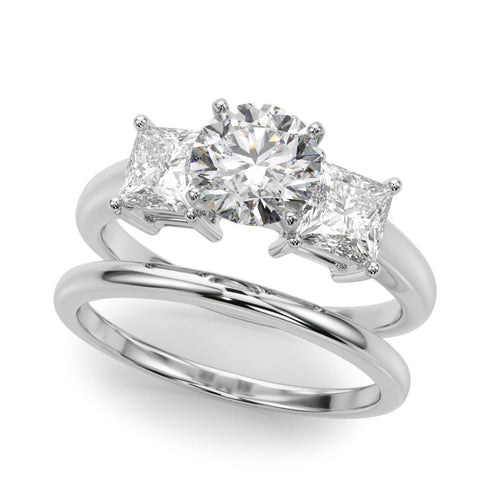Classic Three Stone Engagment Ring with Round Diamond Center and Princess Cut Diamonds - SAW10016