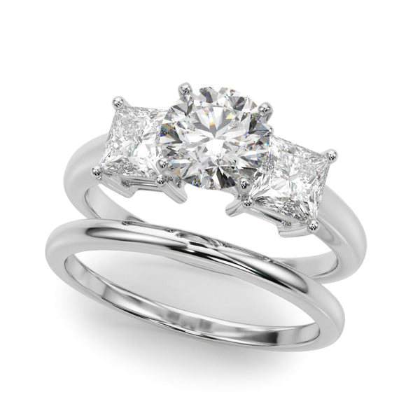 Classic Three Stone Engagment Ring with Round Diamond Center and Princess Cut Diamonds