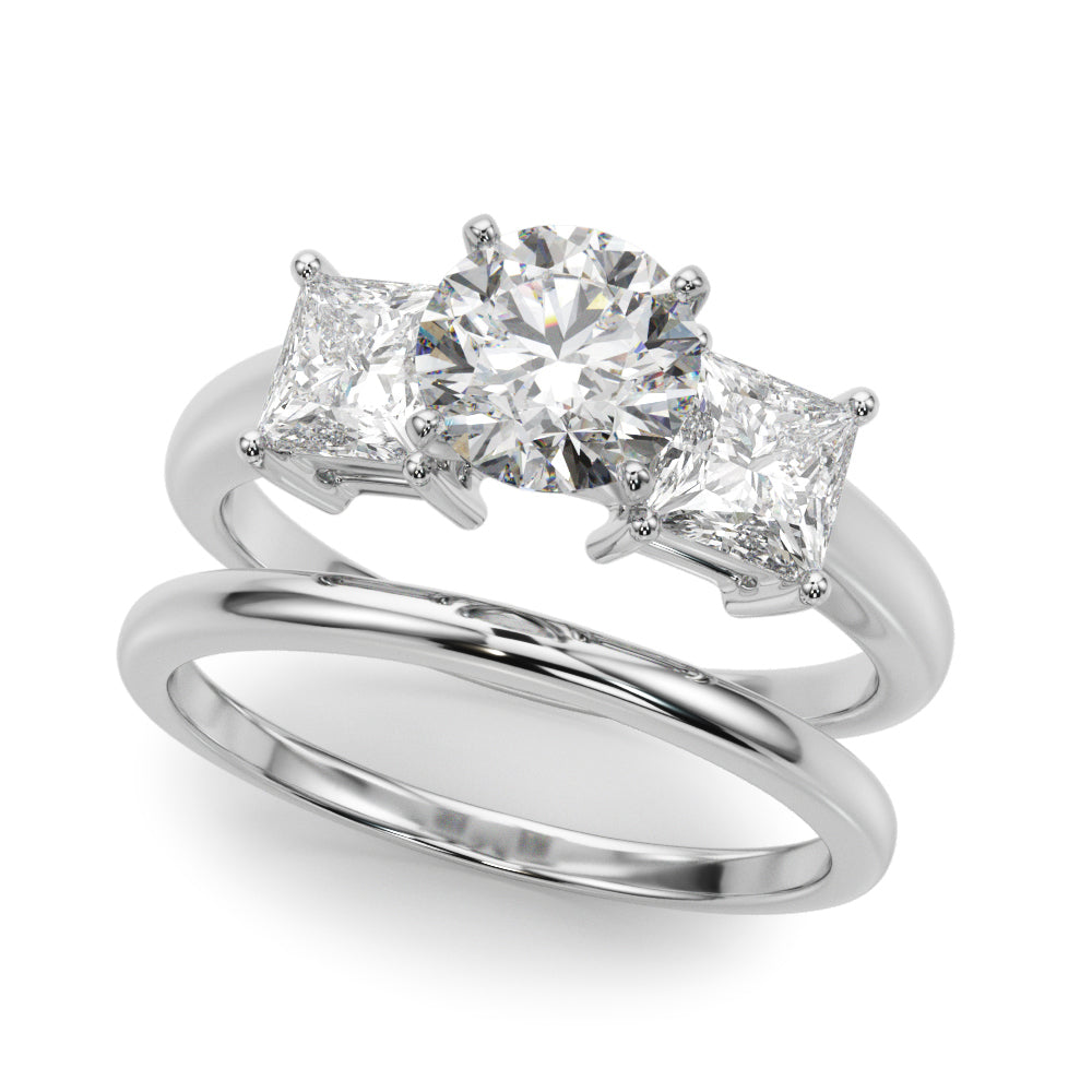 Classic Three Stone Engagment Ring with Round Diamond Center and Princess Cut Diamonds