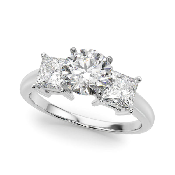 Classic Three Stone Engagment Ring with Round Diamond Center and Princess Cut Diamonds