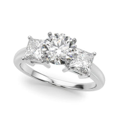 Classic Three Stone Engagment Ring with Round Diamond Center and Princess Cut Diamonds