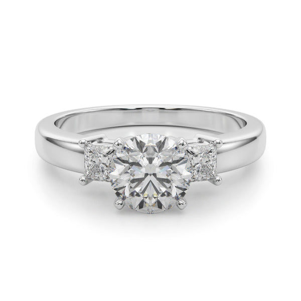 Classic Three Stone Engagment Ring with Round Diamond Center and Princess Cut Diamonds