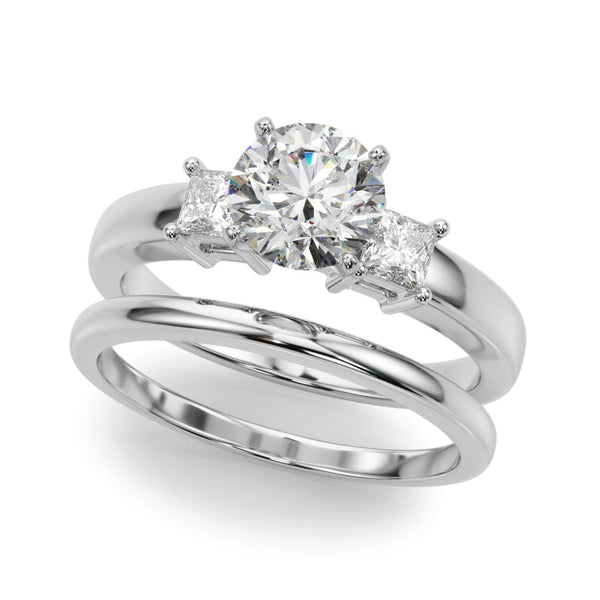 Classic Three Stone Engagment Ring with Round Diamond Center and Princess Cut Diamonds